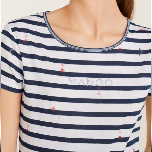 MANGO Women white & navy stripped round neck T-shirt - Picture 3 of 5
